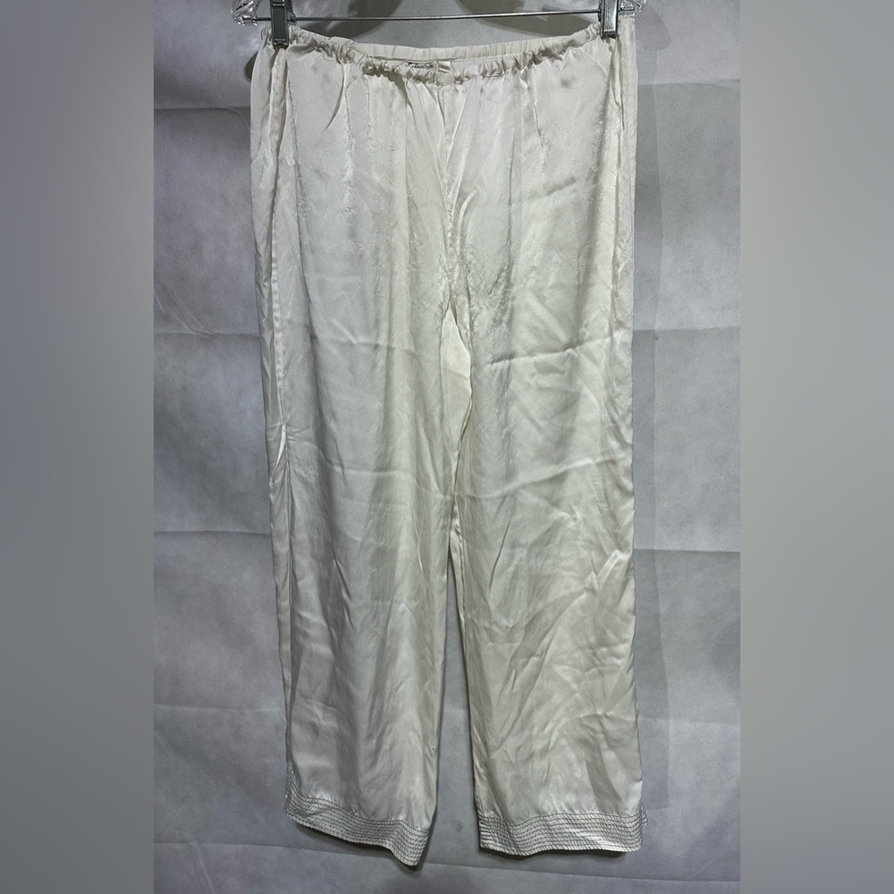 Schweitzer Linens 100% Silk Women’s M Pajama Pants White Navy Stitched Hem READ